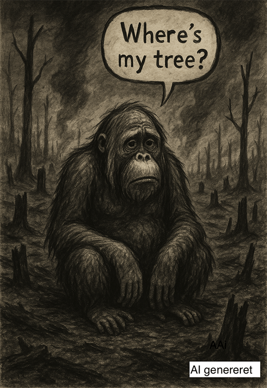AI generated image of sad orangutang in the middle of a burned down forrest
